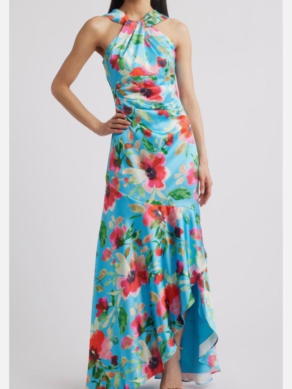Eliza J Turquoise Floral High-Low Satin Dress with Fuchsia Blooms
